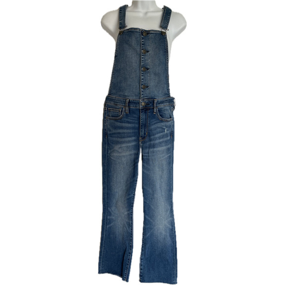 American Eagle Hi Rise Crop Flare Overalls SZ 8 SHORT Raw Hem - Picture 1 of 9